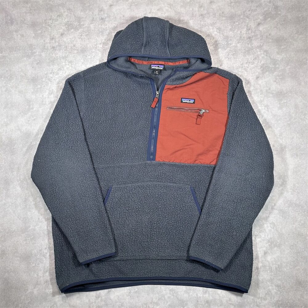 Patagonia Retro Pile Fleece Pullover Hoodie Half Zip Men's Size XXL Blue/Orange